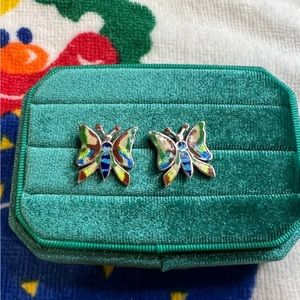 Vintage Sterling Silver Mexico Enamel Butterfly Pierced Earrings